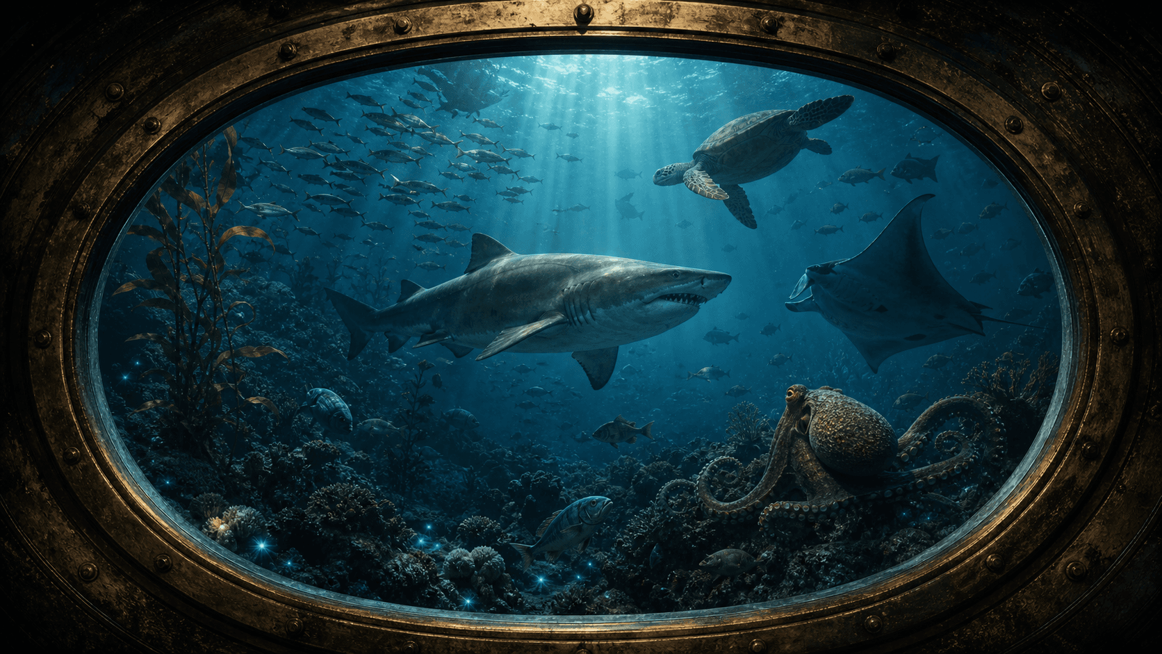 Aquatic life viewed through an antique brass underwater porthole