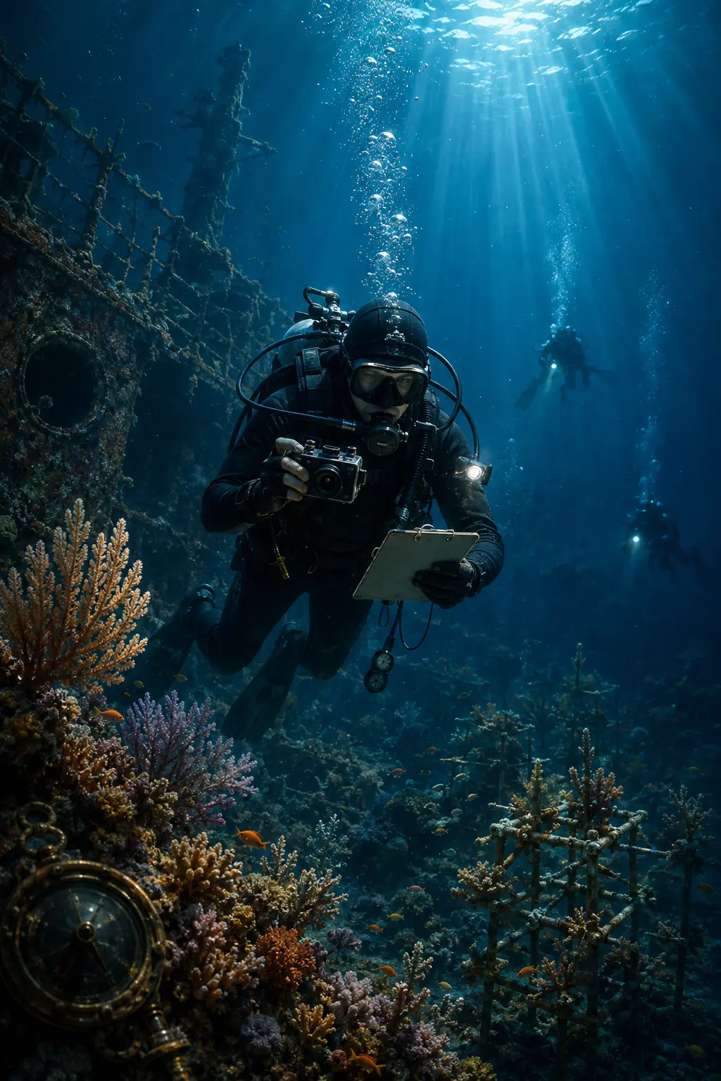 An NBM editorial illustration of a diver documenting a shipwreck, reef restoration, and the underwater community