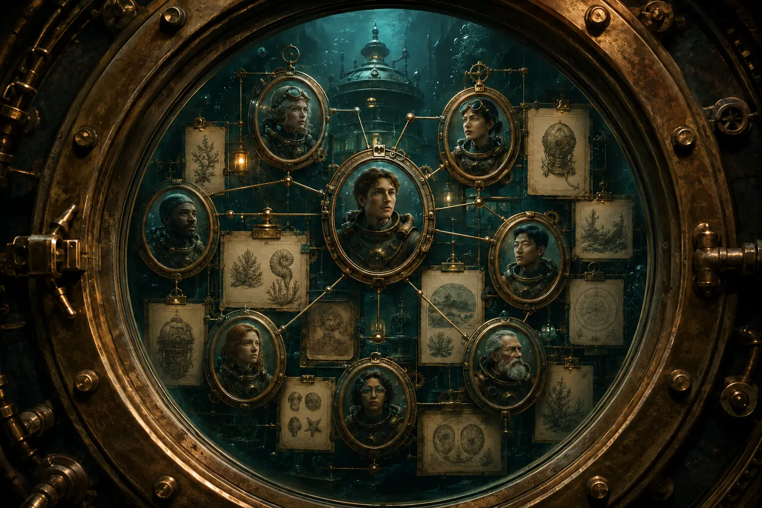 A steampunk underwater archive displaying contributor portraits and stories