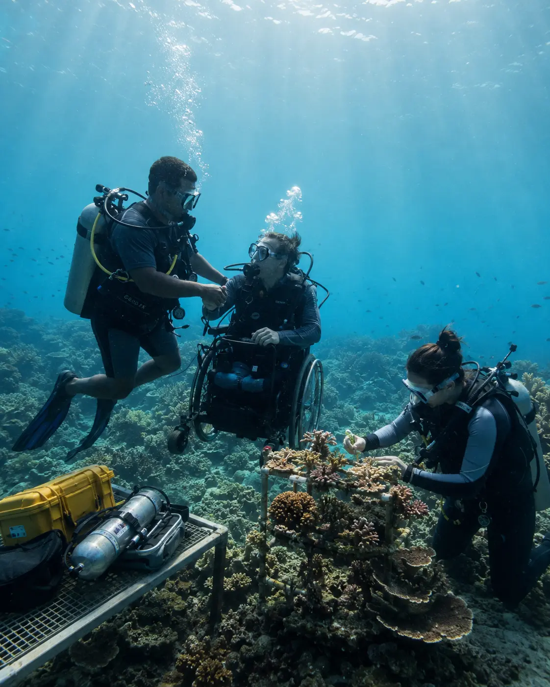 Volunteer divers supporting accessibility and restoring coral habitat