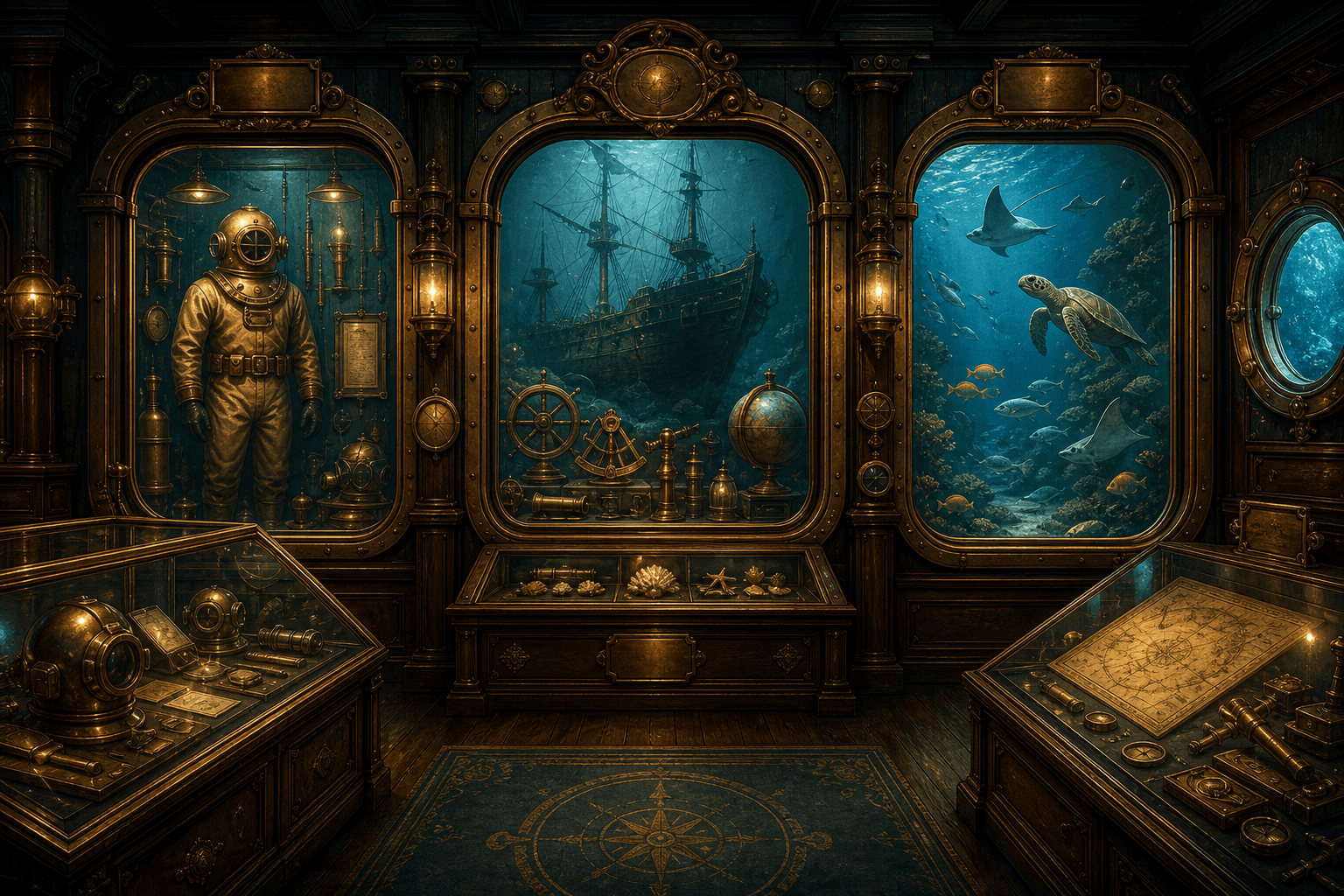 A maritime museum gallery with historic diving equipment and an aquarium habitat