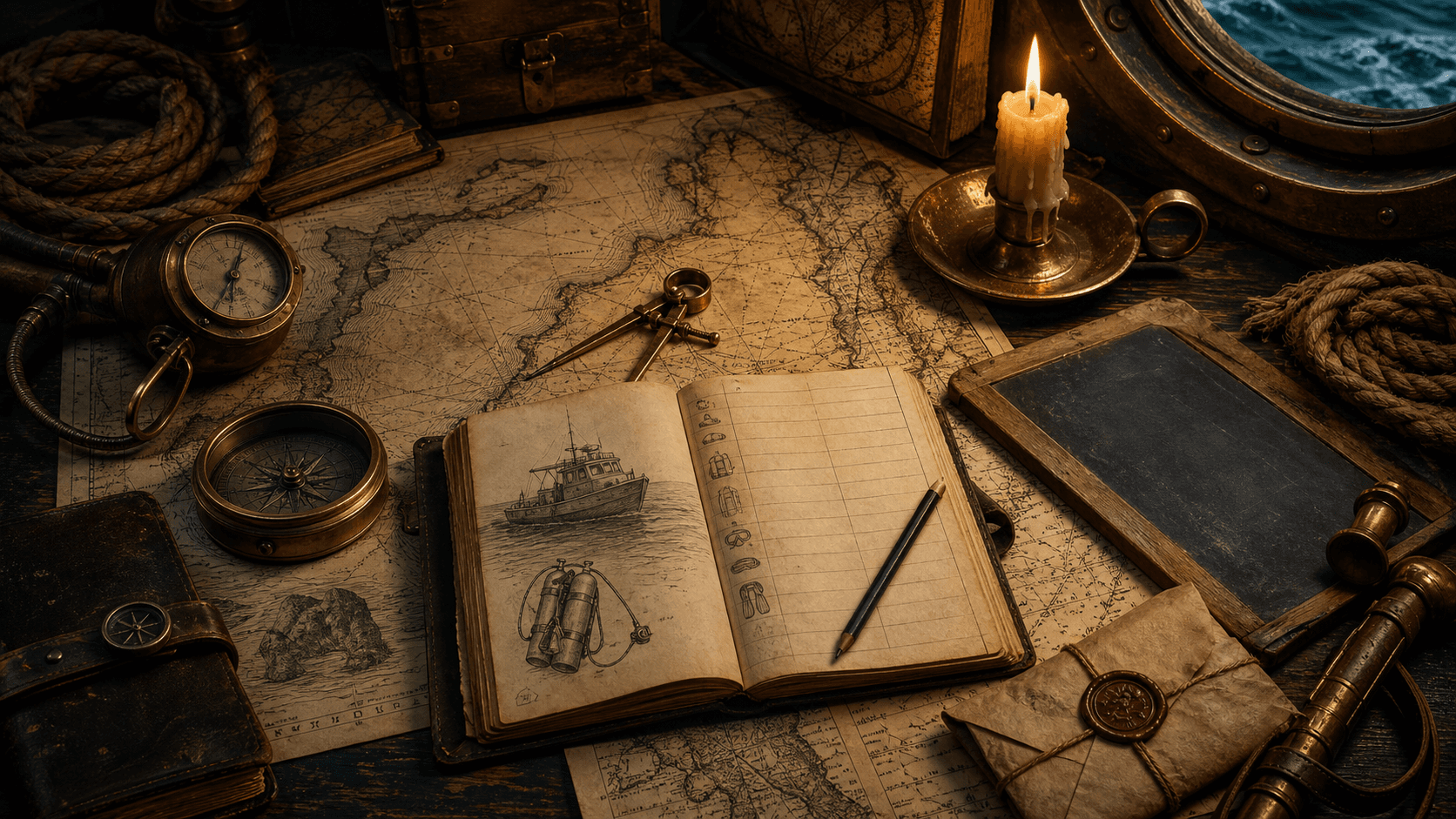 Antique nautical charts and diving instruments arranged for expedition planning
