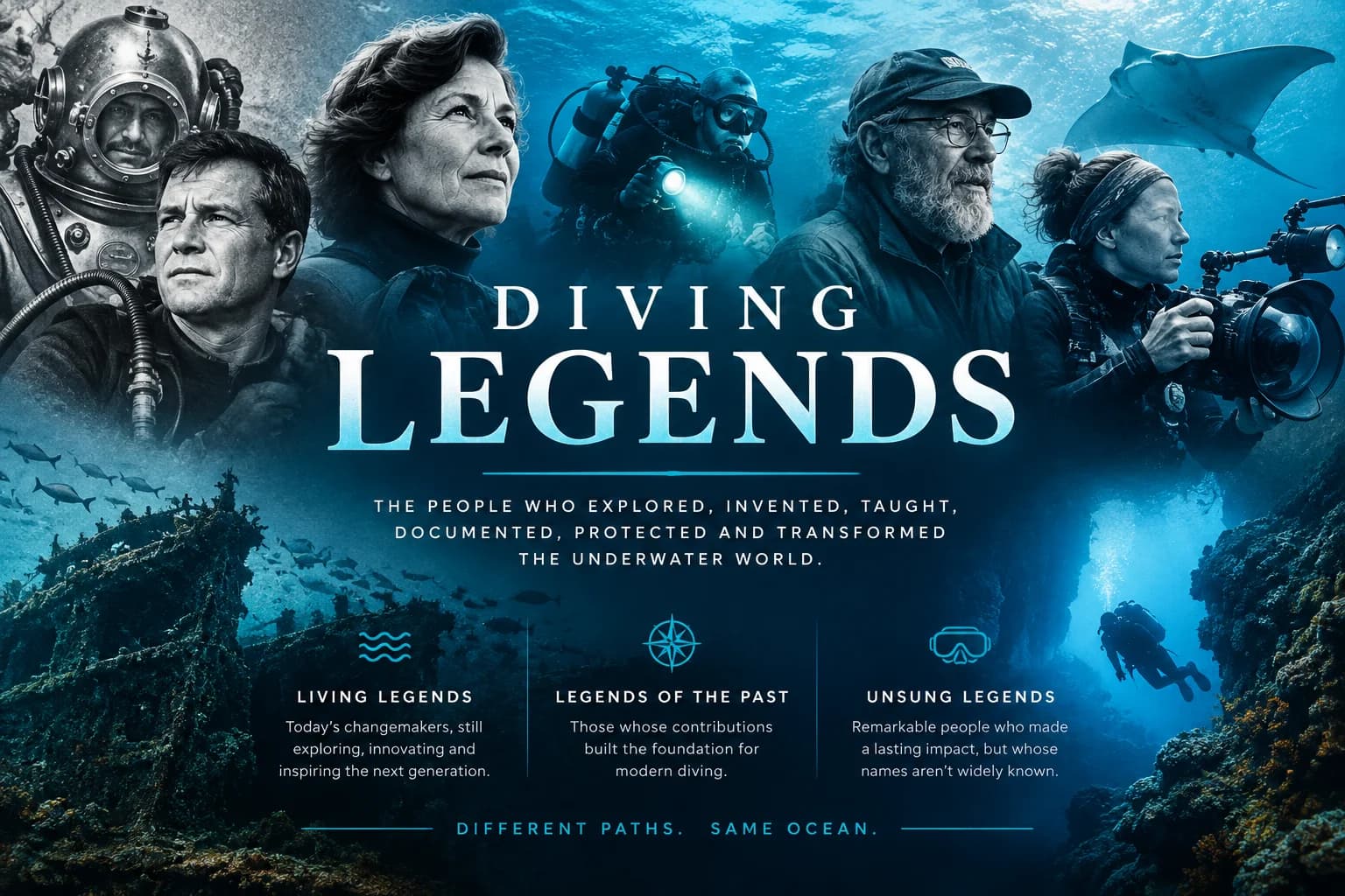 A cinematic collage representing diving pioneers and underwater innovators