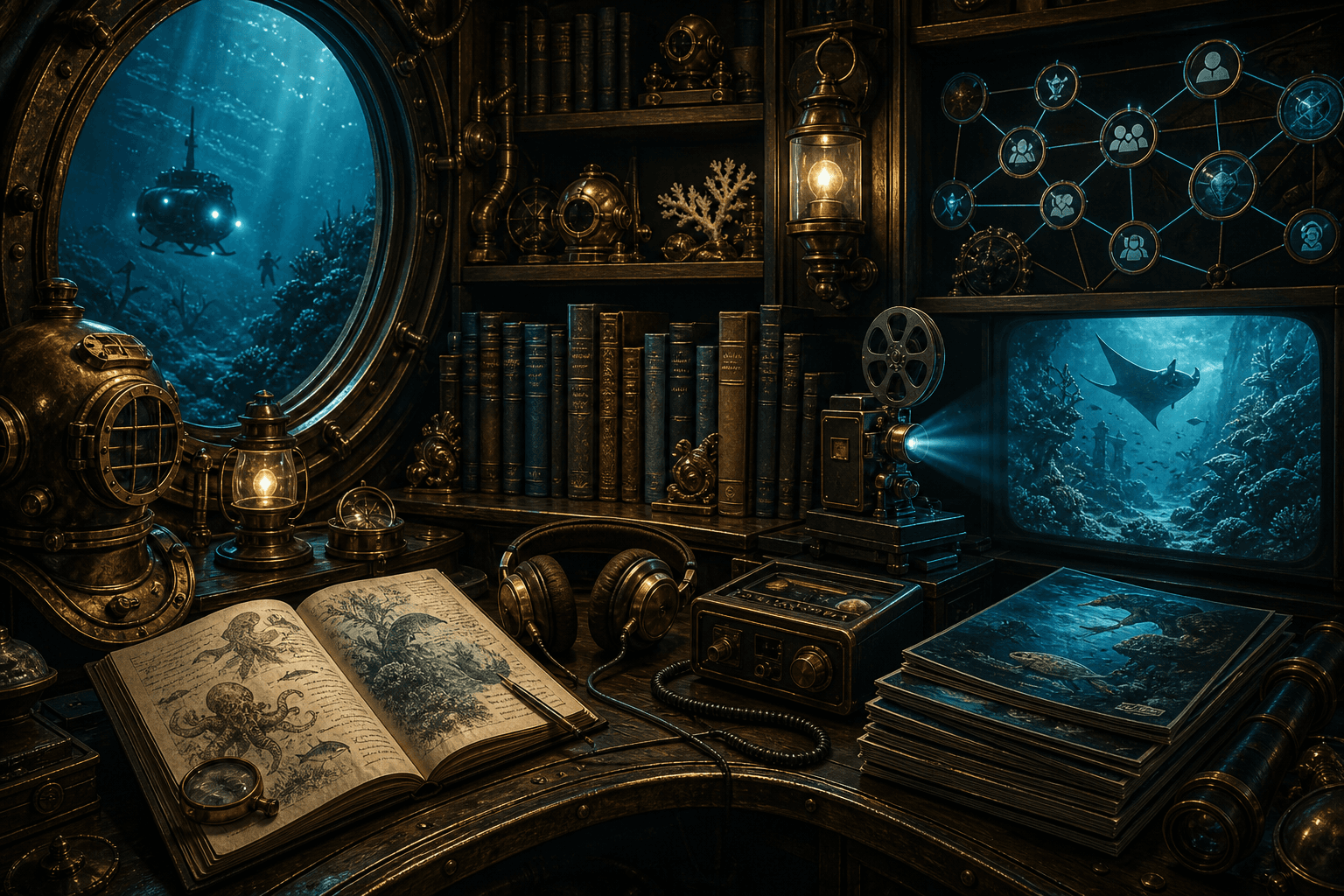 An antique underwater media archive with diving books and listening equipment