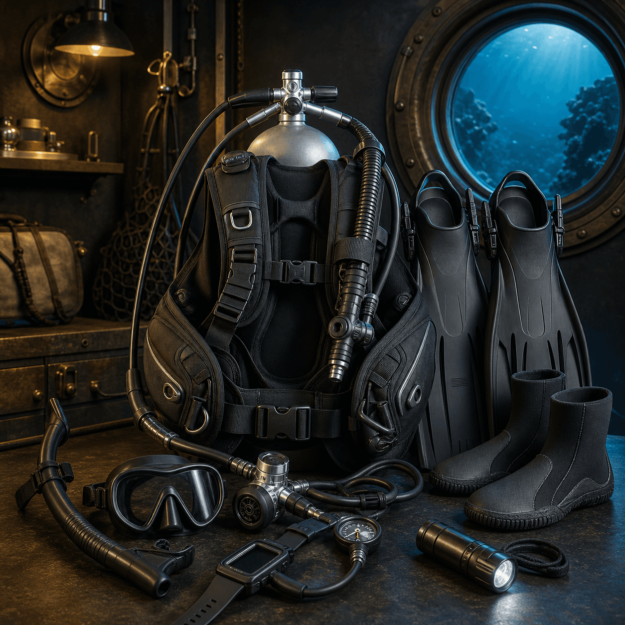 A complete set of modern scuba equipment