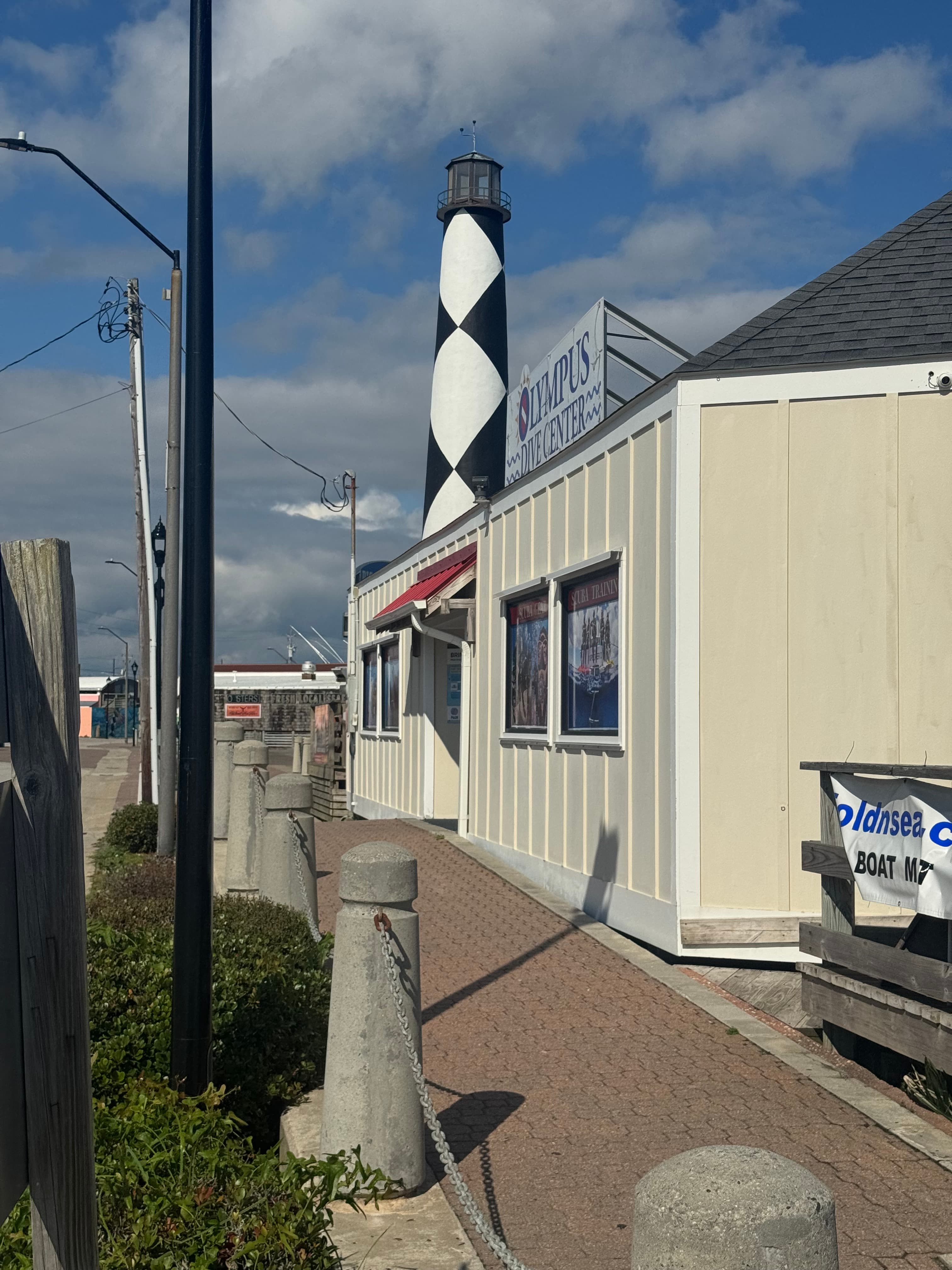 Olympus Dive Center and its lighthouse in Morehead City