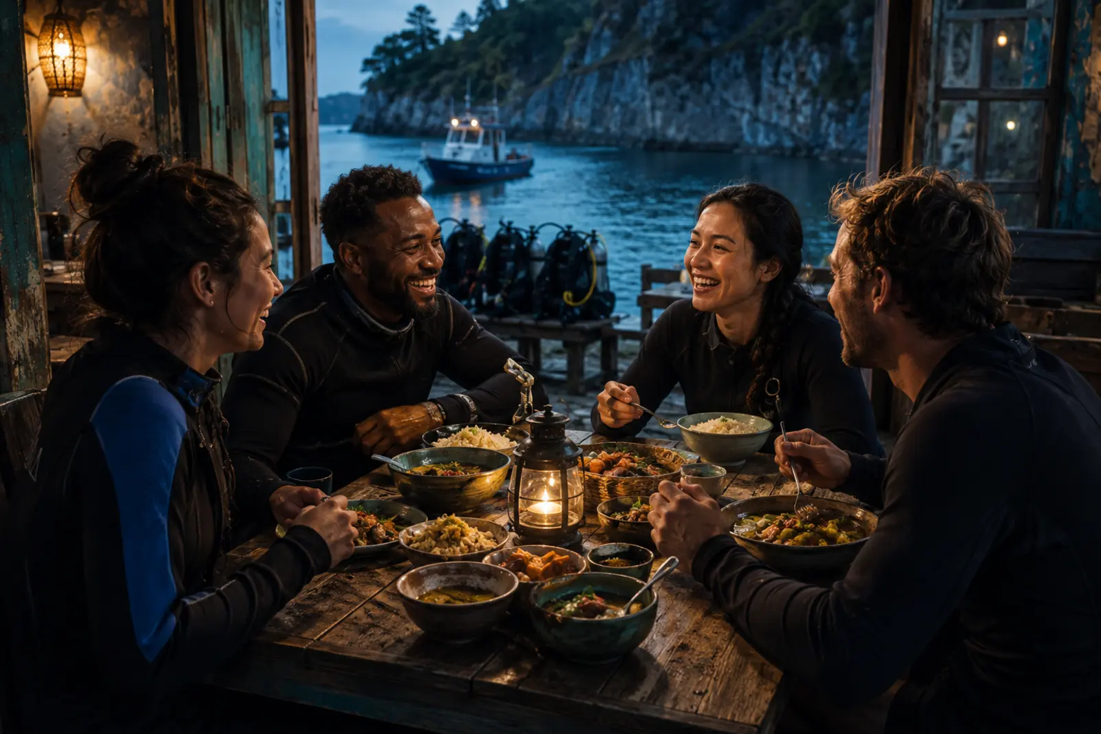 Divers enjoying a post-dive meal at a waterside restaurant