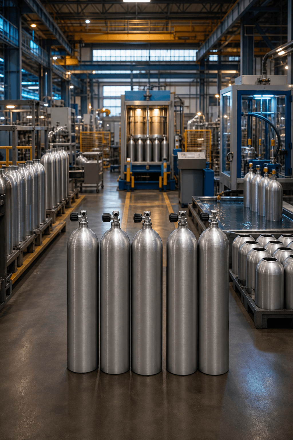 Scuba cylinders moving through a modern manufacturing facility