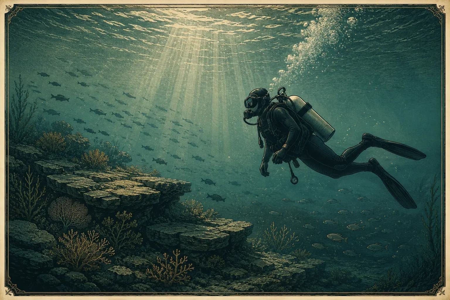 Illustrated scuba diver reserved for a future dive-site photograph