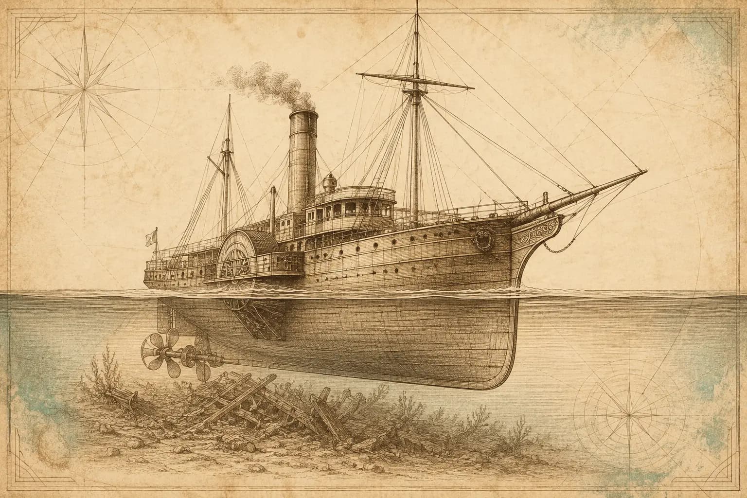 Old-fashioned maritime line drawing reserved for a future historic photograph
